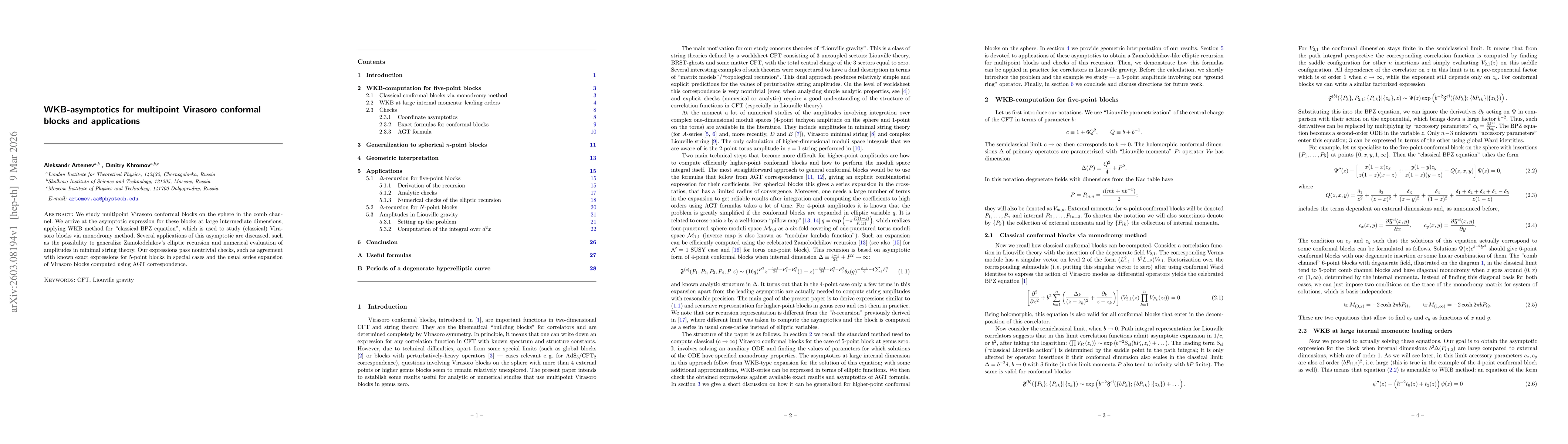 Thumbnail for WKB-asymptotics for multipoint Virasoro conformal blocks and applications