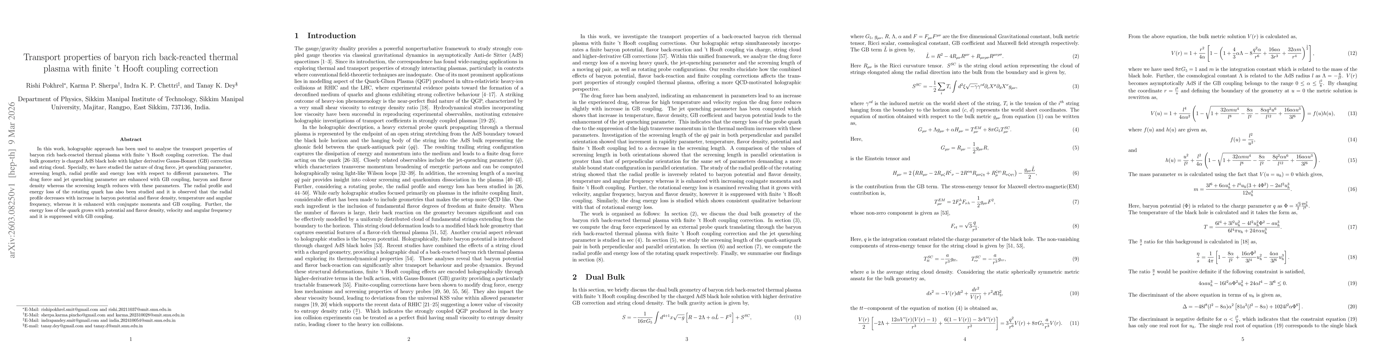 Thumbnail for Transport properties of baryon rich back-reacted thermal plasma with finite 't Hooft coupling correction