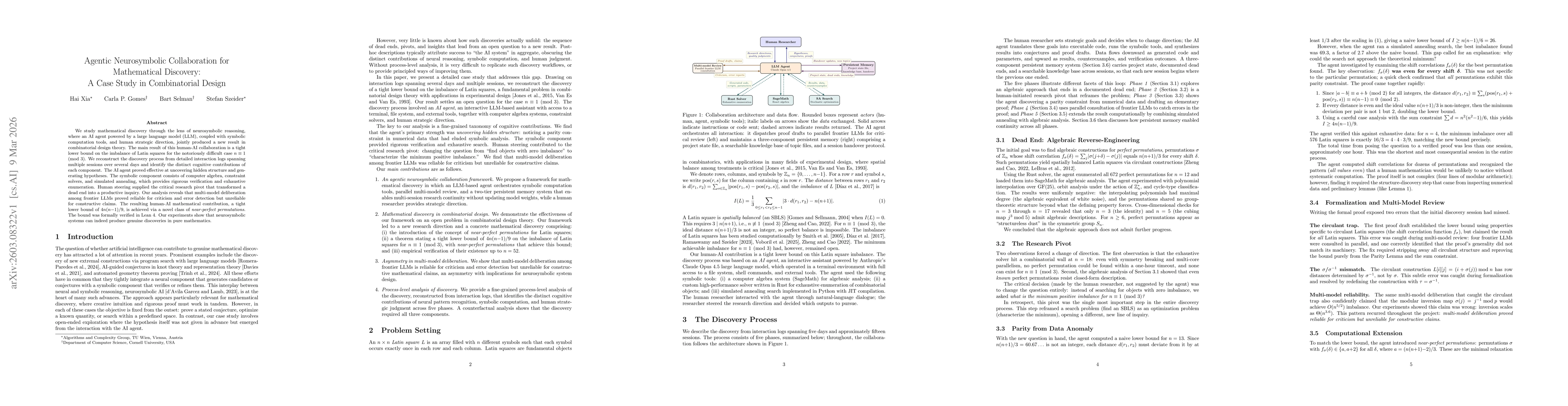 Thumbnail for Agentic Neurosymbolic Collaboration for Mathematical Discovery: A Case Study in Combinatorial Design