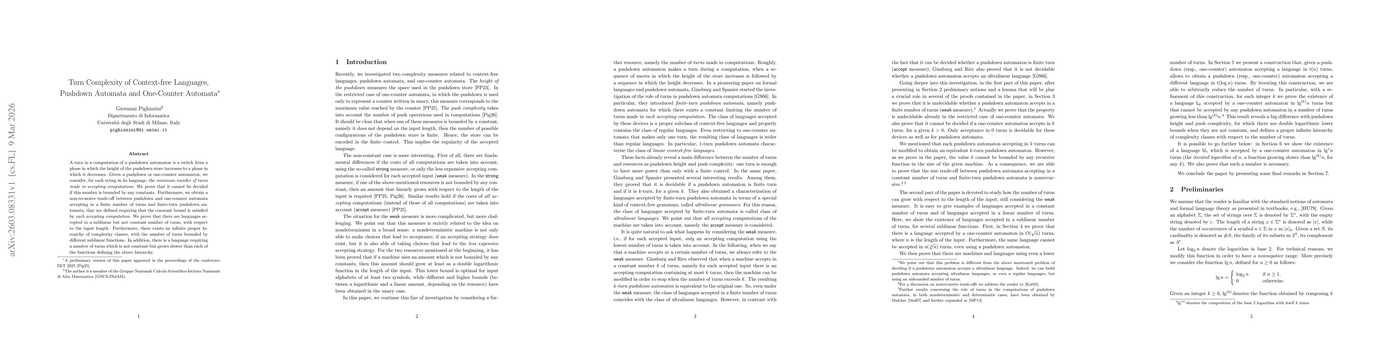 Thumbnail for Turn Complexity of Context-free Languages, Pushdown Automata and One-Counter Automata