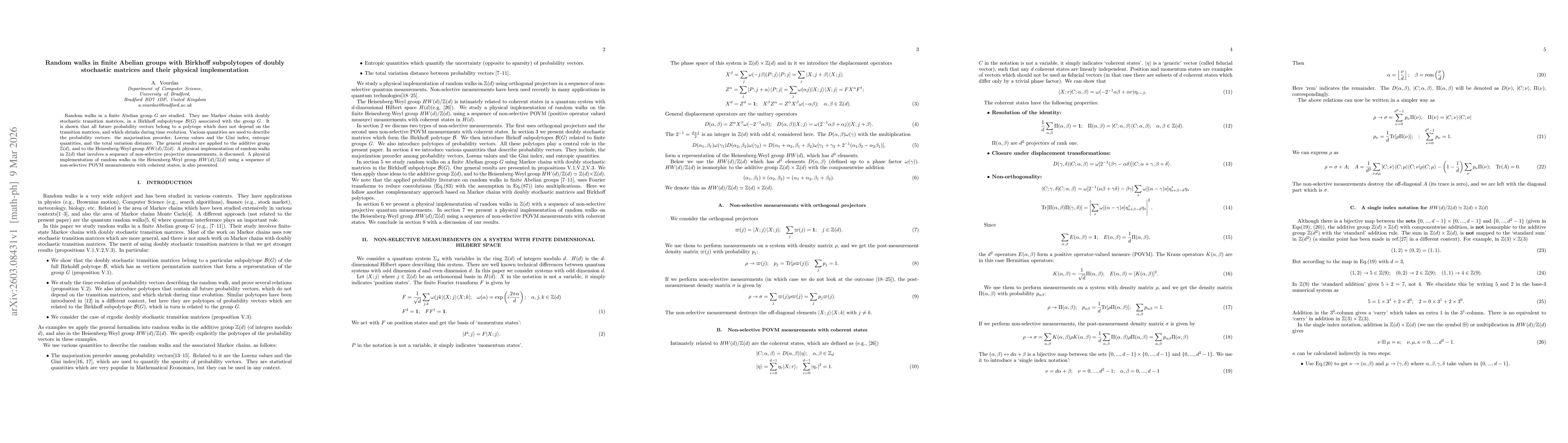 Thumbnail for Random walks in finite Abelian groups with Birkhoff subpolytopes of doubly stochastic matrices and their physical implementation