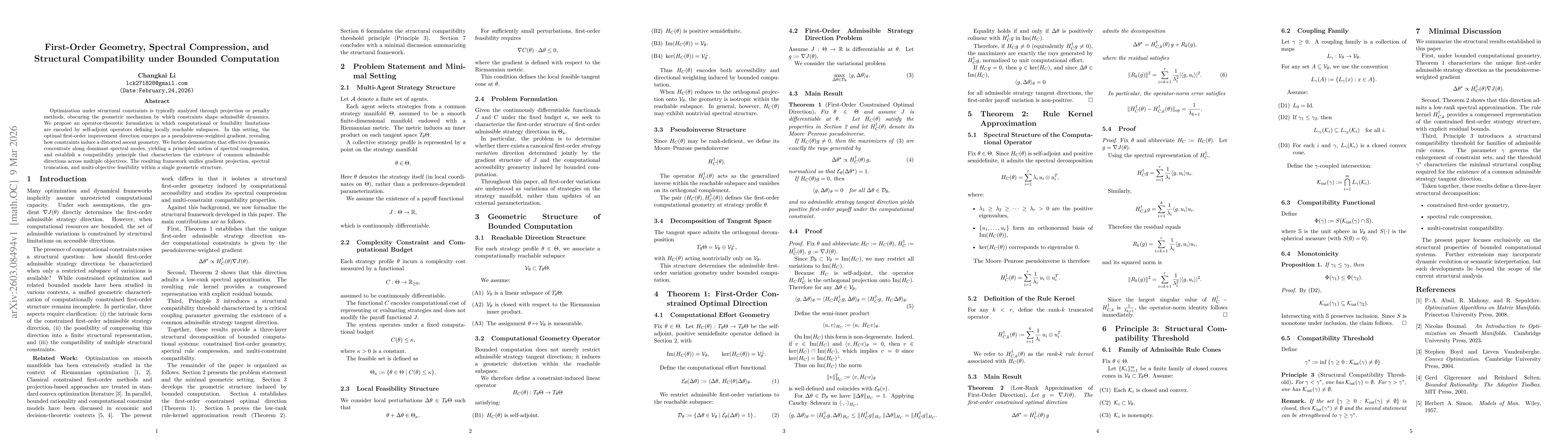 Thumbnail for First-Order Geometry, Spectral Compression, and Structural Compatibility under Bounded Computation