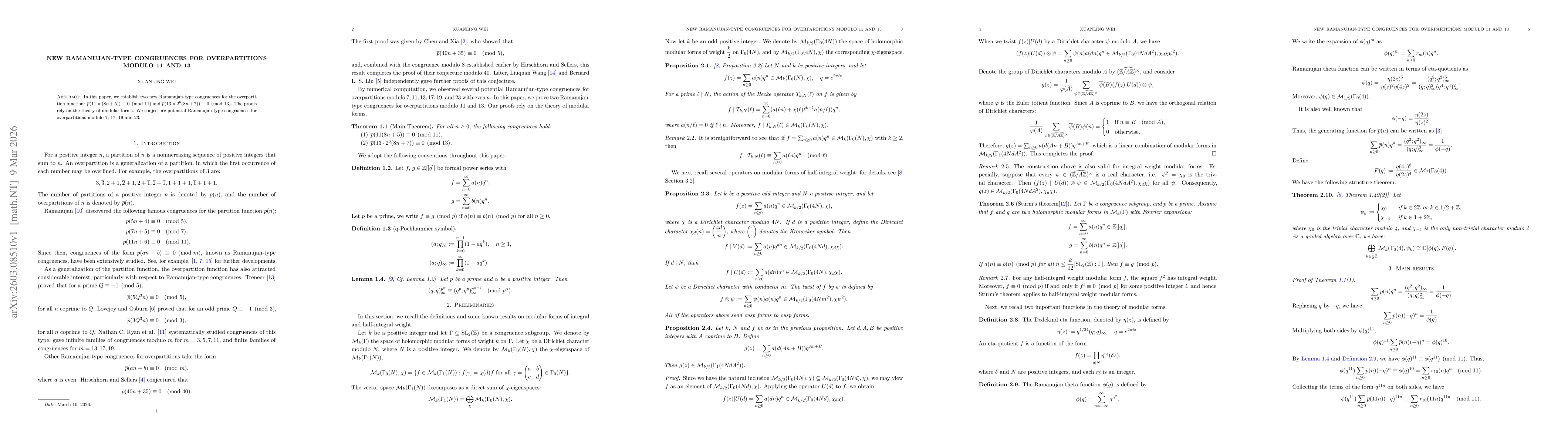 Thumbnail for New Ramanujan-type congruences for overpartitions modulo $11$ and $13$
