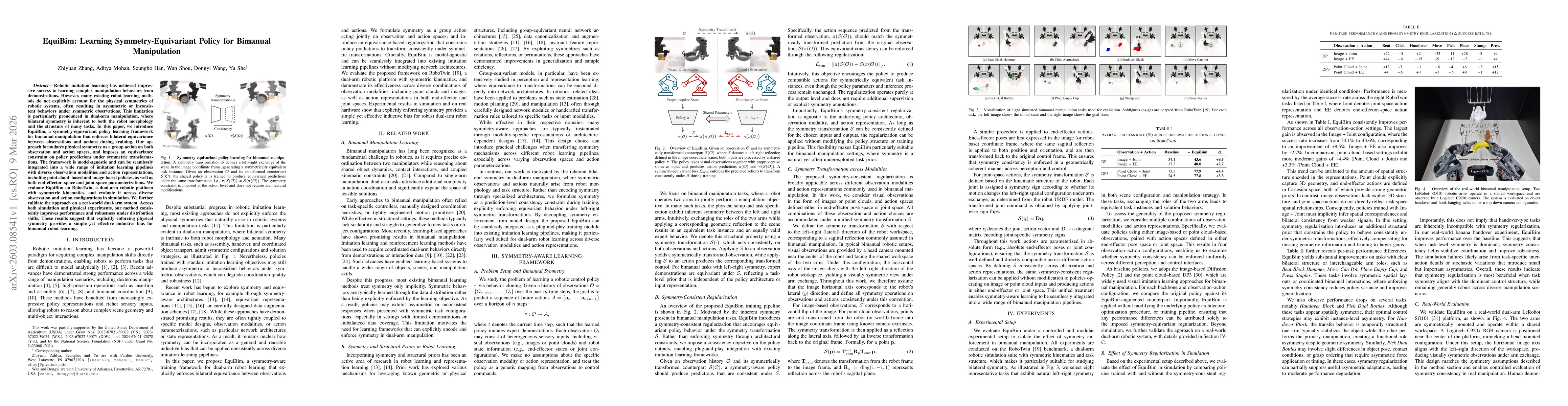 Thumbnail for EquiBim: Learning Symmetry-Equivariant Policy for Bimanual Manipulation