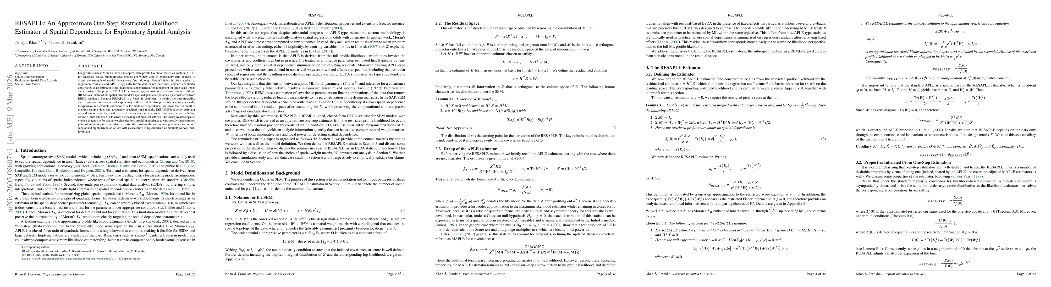 Thumbnail for RESAPLE: An Approximate One-Step Restricted Likelihood Estimator of Spatial Dependence for Exploratory Spatial Analysis