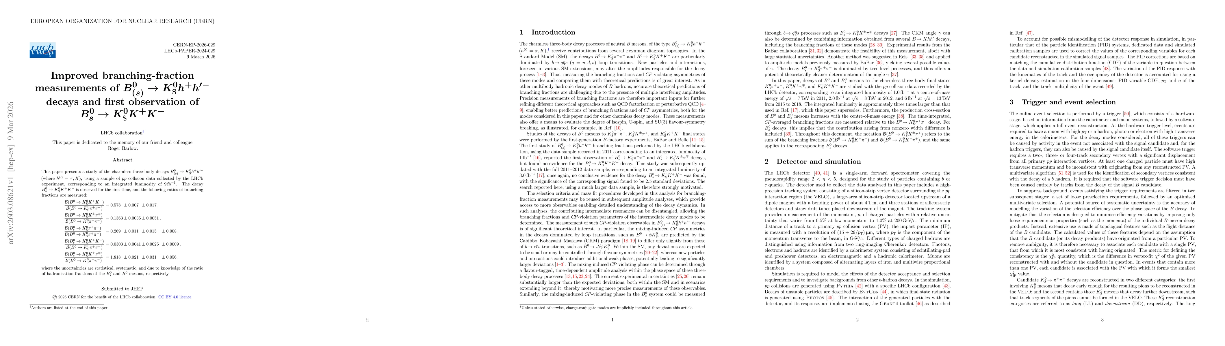 Thumbnail for Improved branching-fraction measurements of $B^0_{(s)} \to K_S^0 h^+ h^{'-}$ decays and first observation of $B^0_(s) \to K_S^0 K^+ K^-$