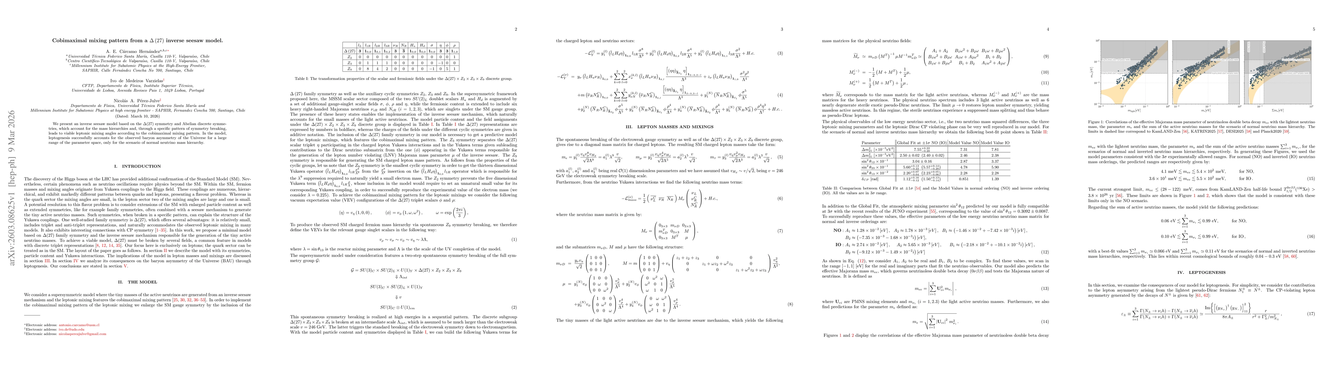 Thumbnail for Cobimaximal mixing pattern from a $Δ(27)$ inverse seesaw model