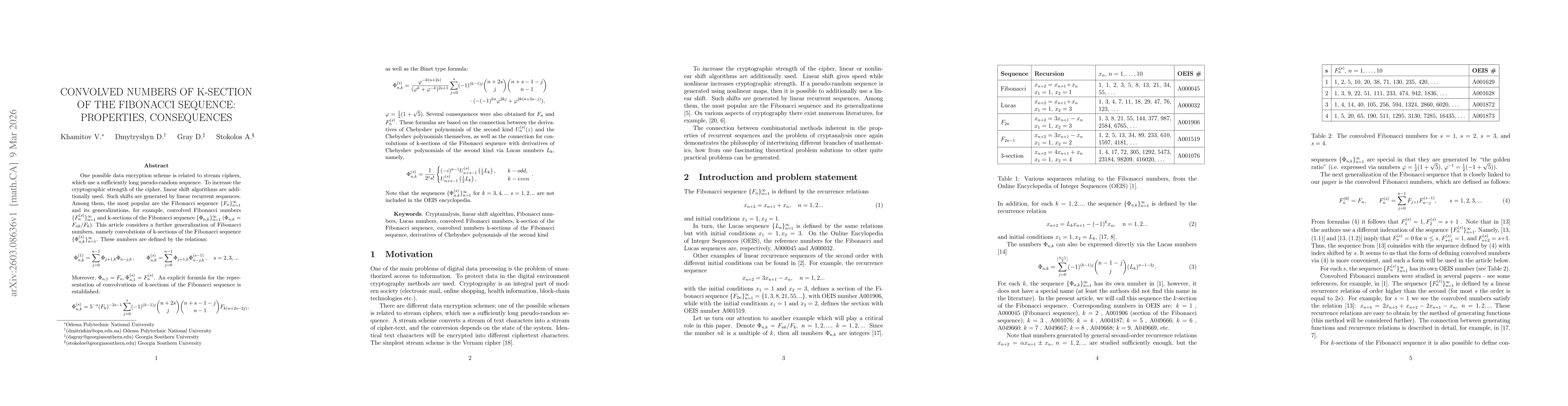 Thumbnail for CONVOLVED NUMBERS OF K-SECTION OF THE FIBONACCI SEQUENCE: PROPERTIES, CONSEQUENCES Convolved Numbers of $k$-sections of the Fibonacci Sequence