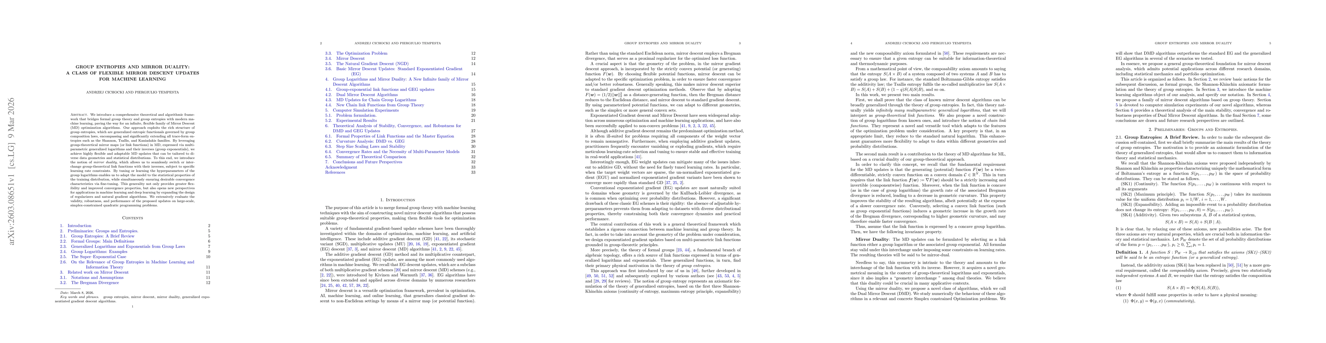 Thumbnail for Group Entropies and Mirror Duality: A Class of Flexible Mirror Descent Updates for Machine Learning