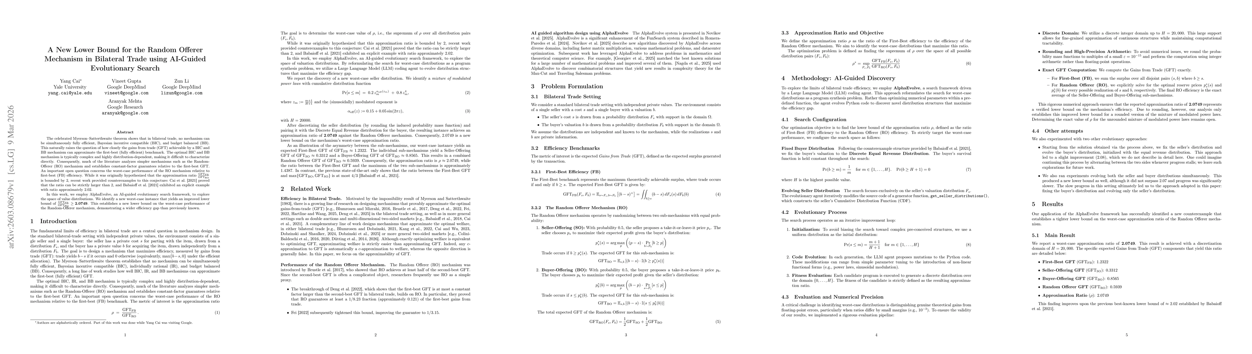 Thumbnail for A New Lower Bound for the Random Offerer Mechanism in Bilateral Trade using AI-Guided Evolutionary Search