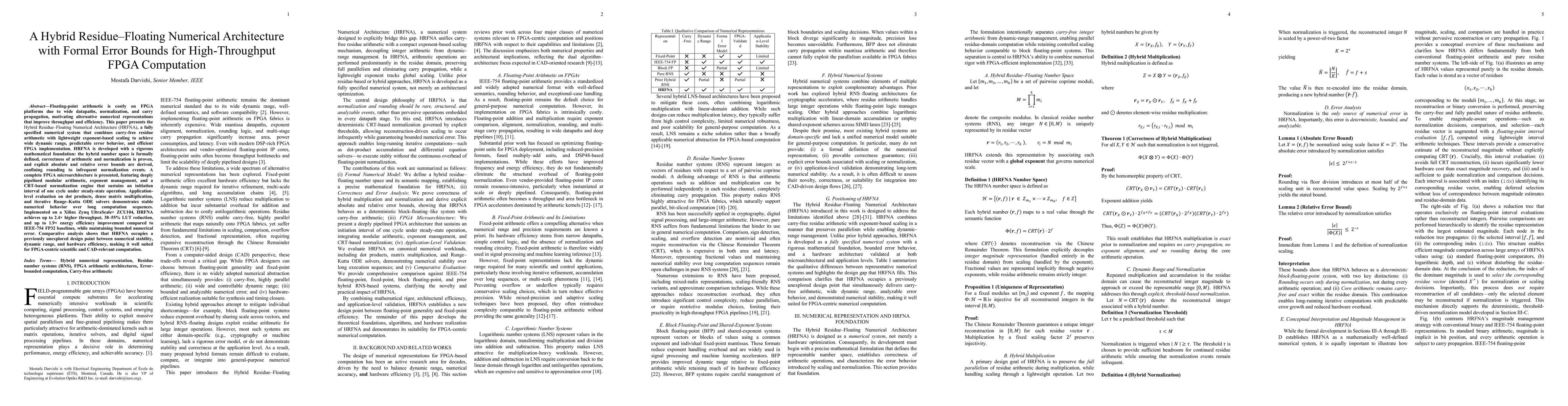 Thumbnail for A Hybrid Residue Floating Numerical Architecture with Formal Error Bounds for High Throughput FPGA Computation