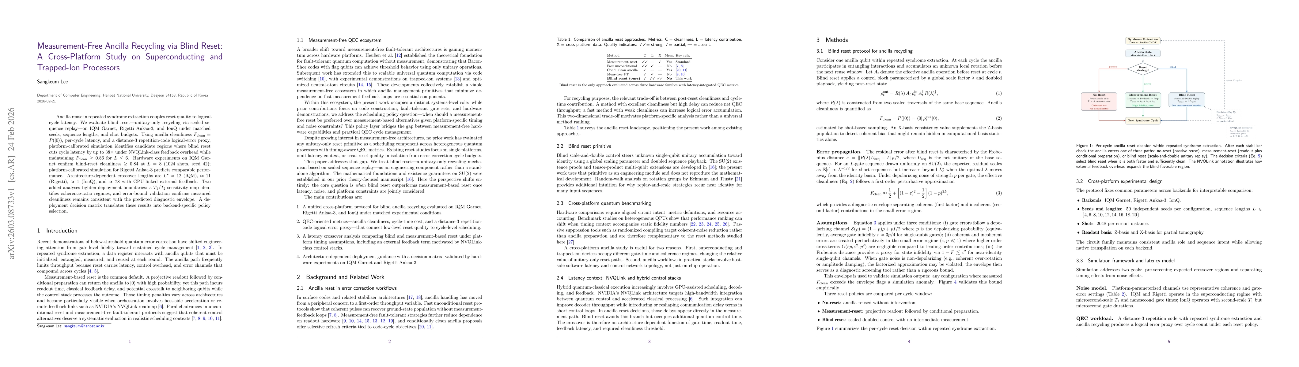 Thumbnail for Measurement-Free Ancilla Recycling via Blind Reset: A Cross-Platform Study on Superconducting and Trapped-Ion Processors