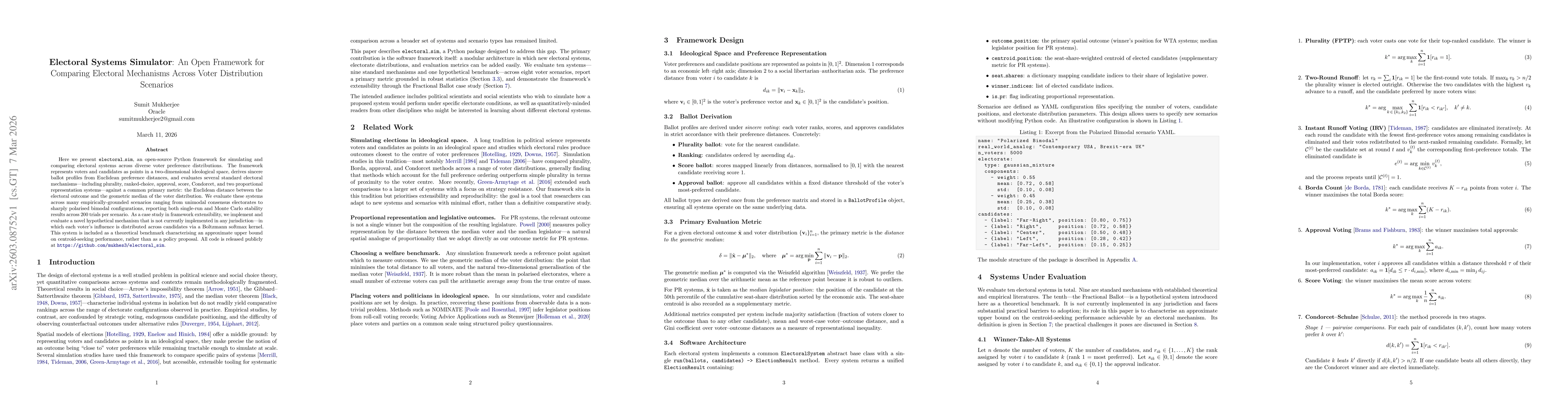 Thumbnail for Electoral Systems Simulator: An Open Framework for Comparing Electoral Mechanisms Across Voter Distribution Scenarios