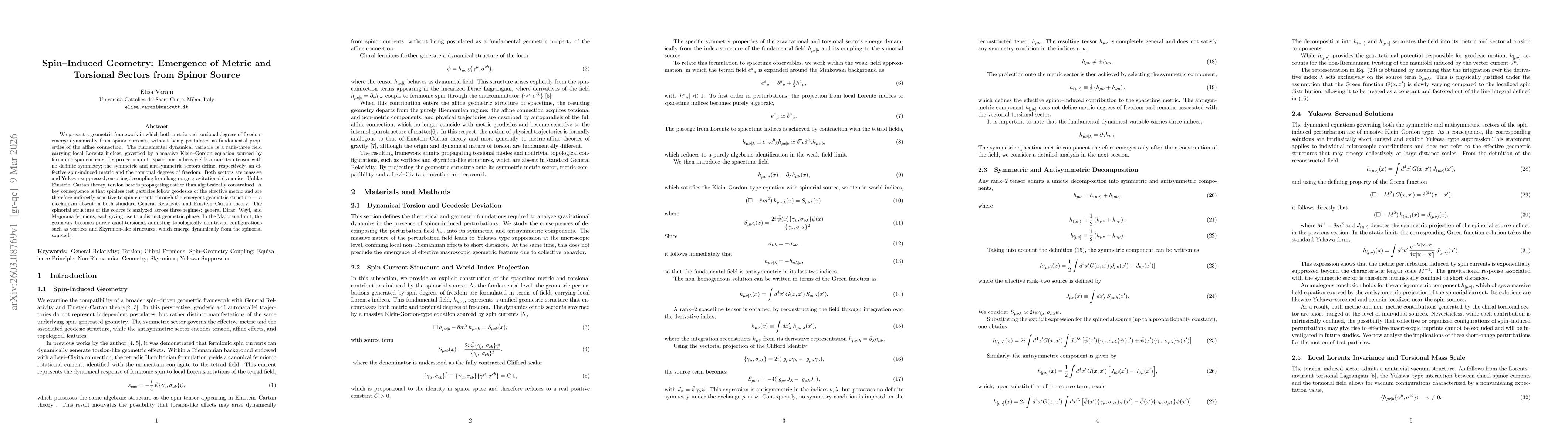Thumbnail for Spin Induced Geometry: Emergence of Metric and Torsional Sectors from Spinor Source