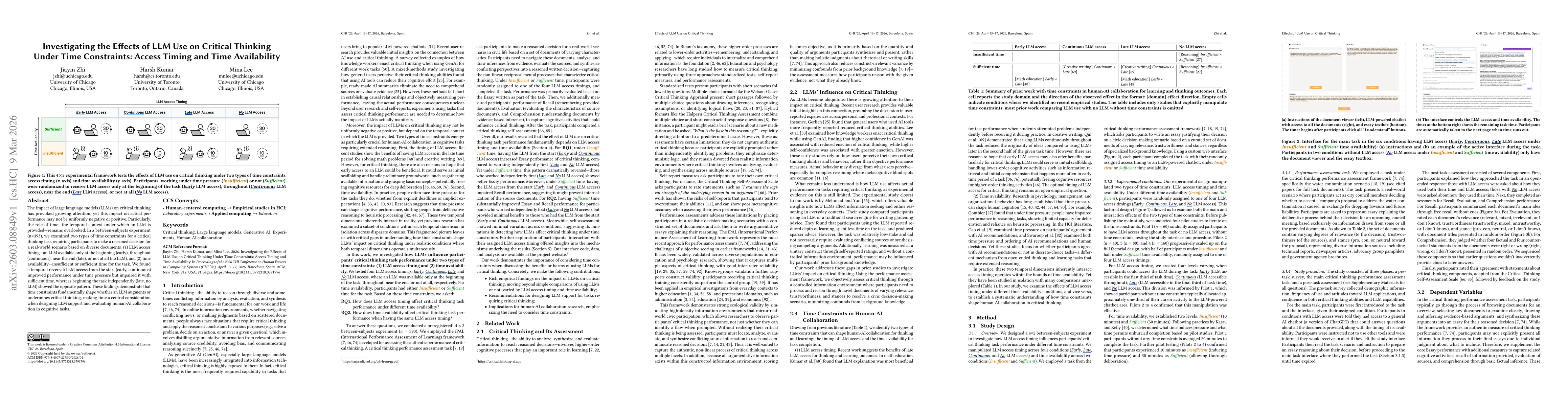 Thumbnail for Investigating the Effects of LLM Use on Critical Thinking Under Time Constraints: Access Timing and Time Availability