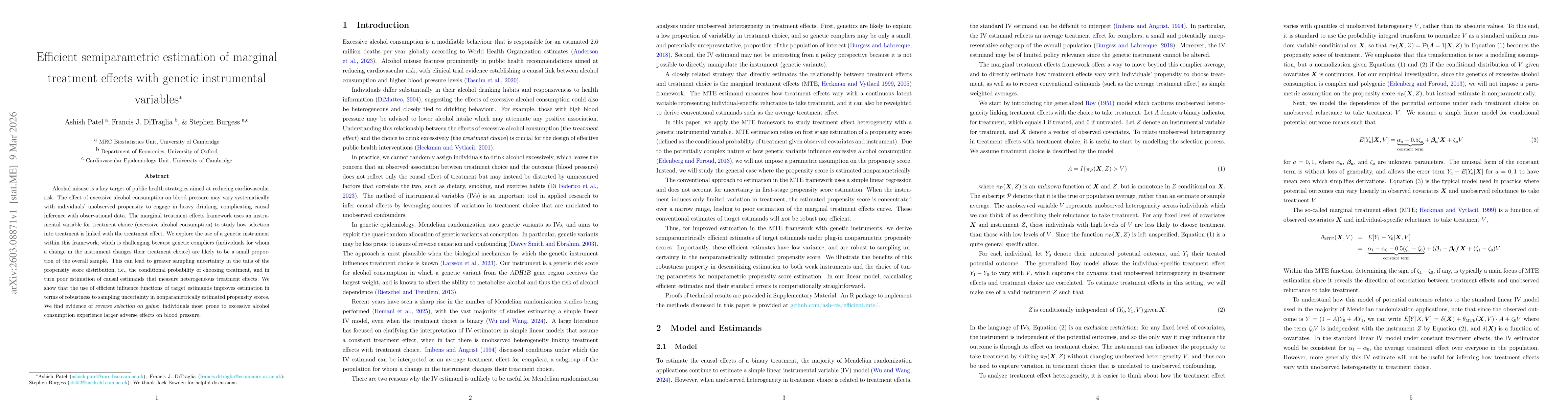 Thumbnail for Efficient semiparametric estimation of marginal treatment effects with genetic instrumental variables
