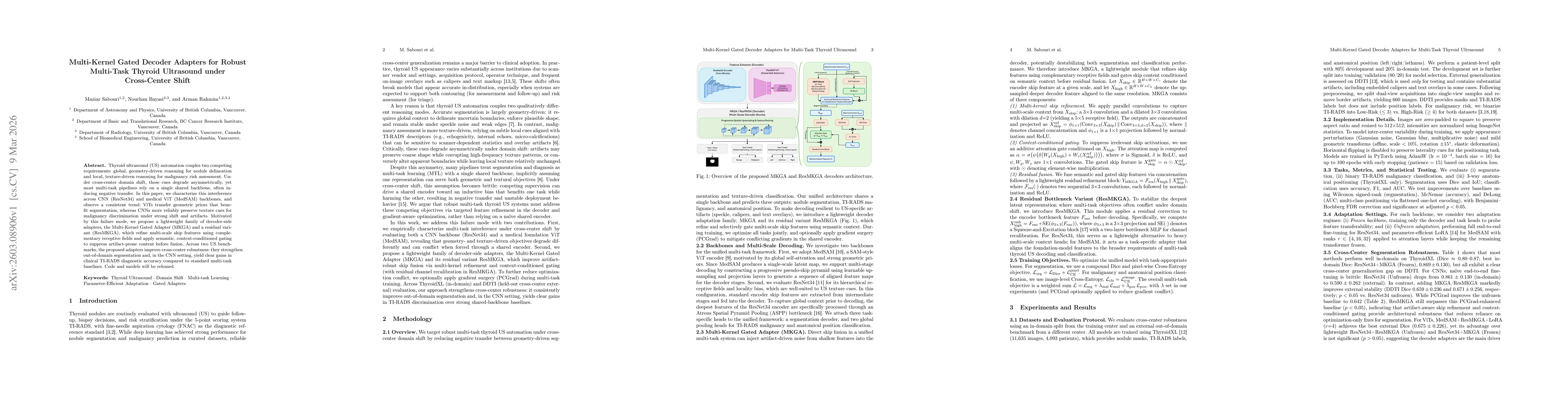 Thumbnail for Multi-Kernel Gated Decoder Adapters for Robust Multi-Task Thyroid Ultrasound under Cross-Center Shift