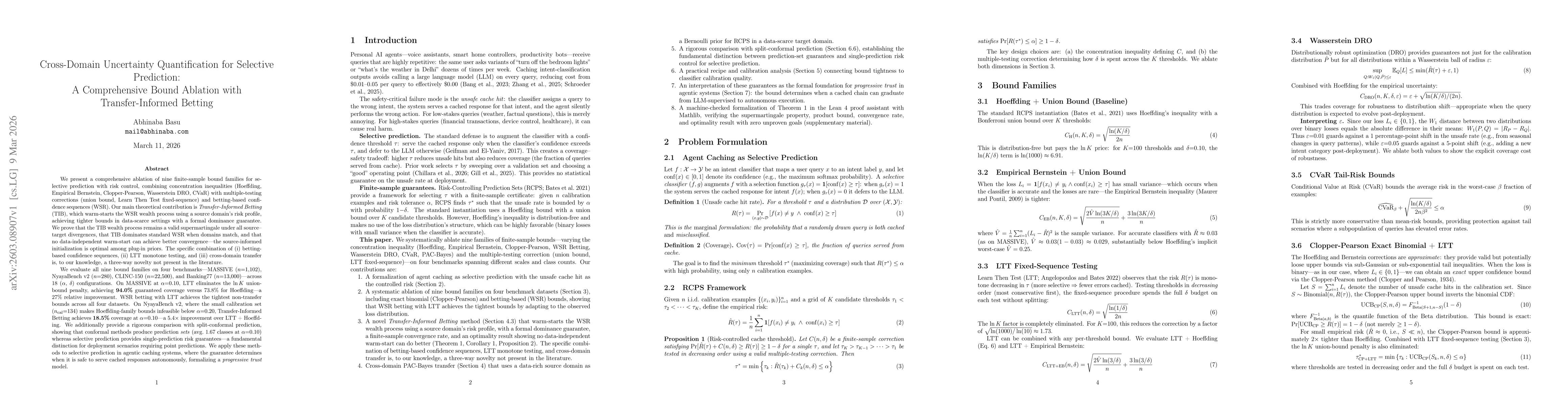 Thumbnail for Cross-Domain Uncertainty Quantification for Selective Prediction: A Comprehensive Bound Ablation with Transfer-Informed Betting