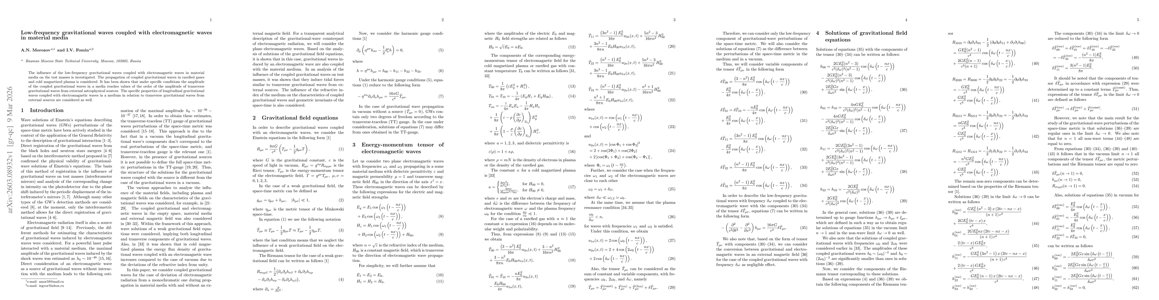 Thumbnail for Low-frequency gravitational waves coupled with electromagnetic waves in material media