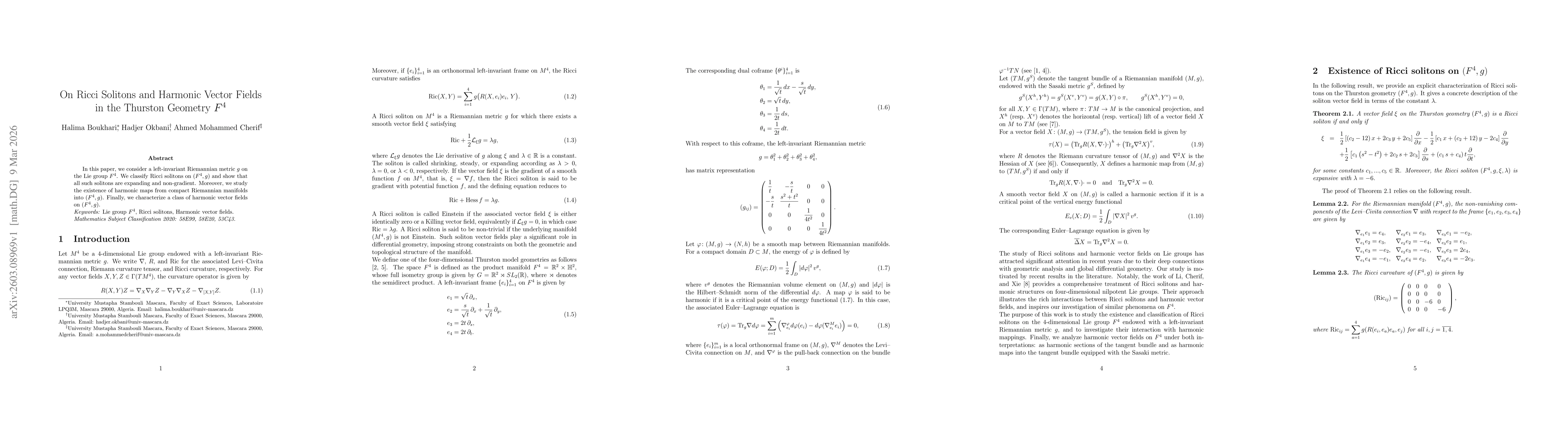Thumbnail for On Ricci Solitons and Harmonic Vector Fields in the Thurston Geometry $F^4$