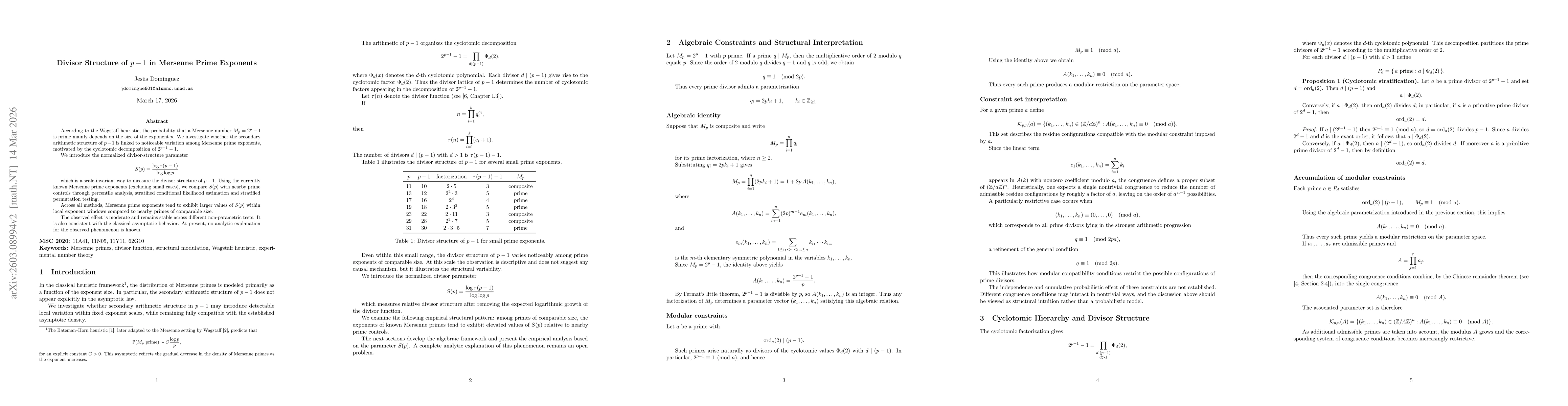 Thumbnail for Divisor Structure of p-1 in Mersenne Prime Exponents