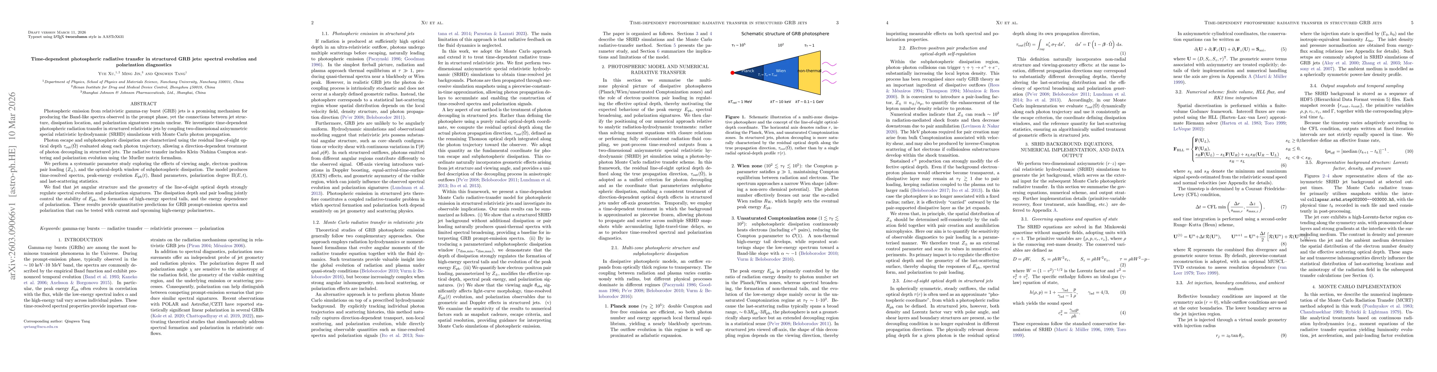 Thumbnail for Time-dependent photospheric radiative transfer in structured GRB jets: spectral evolution and polarization diagnostics