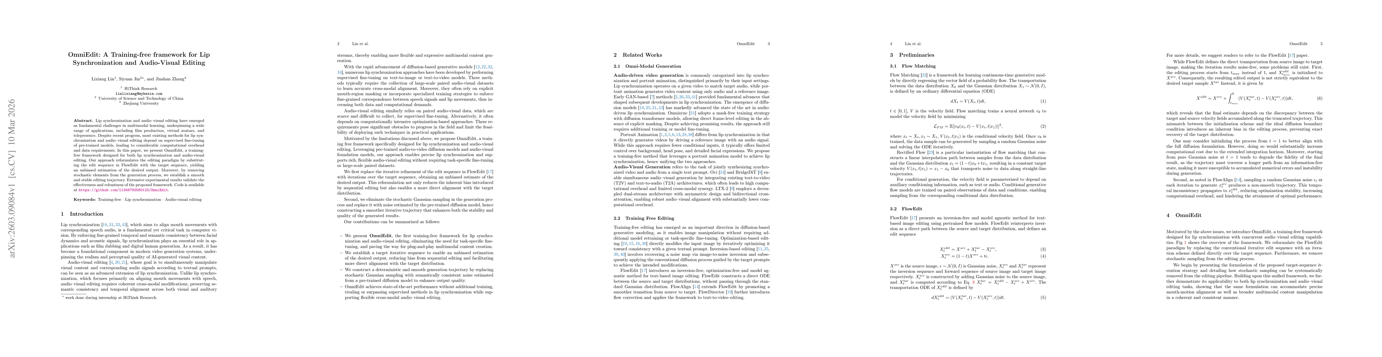 Thumbnail for OmniEdit: A Training-free framework for Lip Synchronization and Audio-Visual Editing