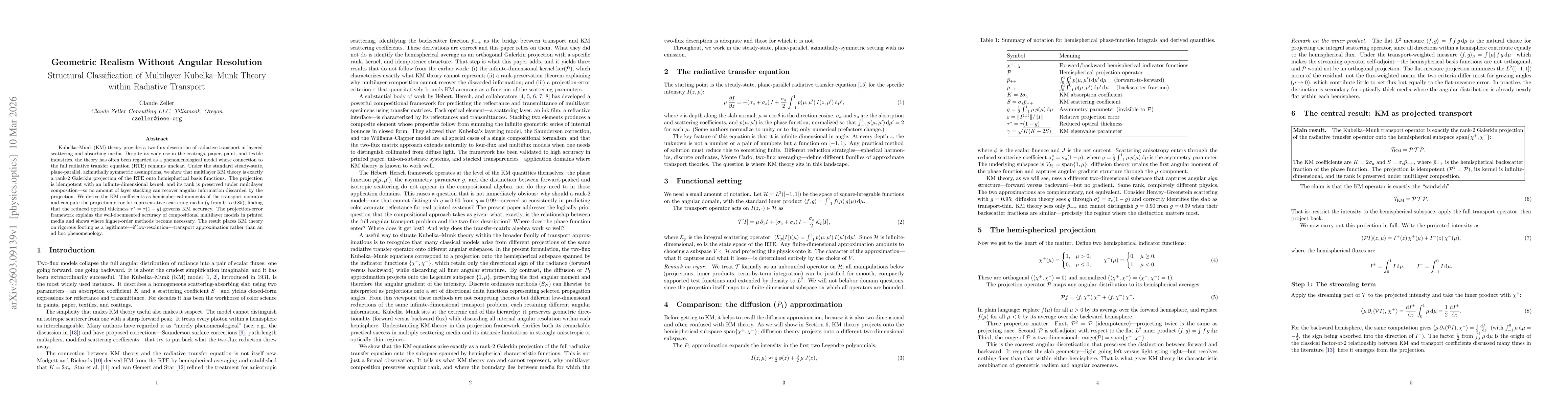 Thumbnail for Geometric Realism Without Angular Resolution Structural Classification of Multilayer Kubelka-Munk Theory within Radiative Transport