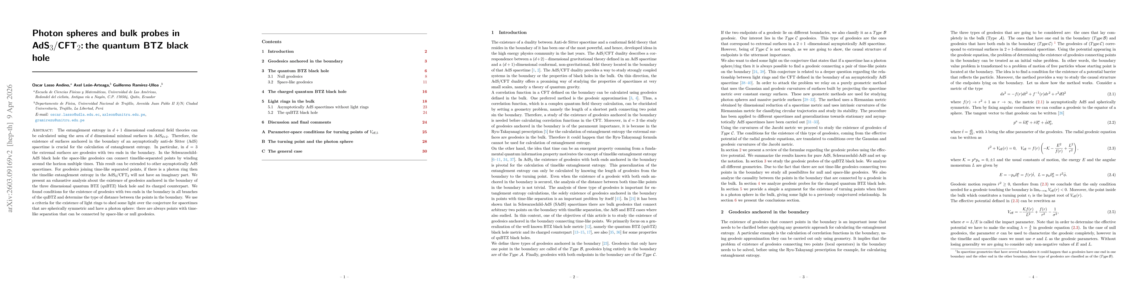 Thumbnail for Photon spheres and bulk probes in $\text{AdS}_3$/$\text{CFT}_2$: the quantum BTZ black hole