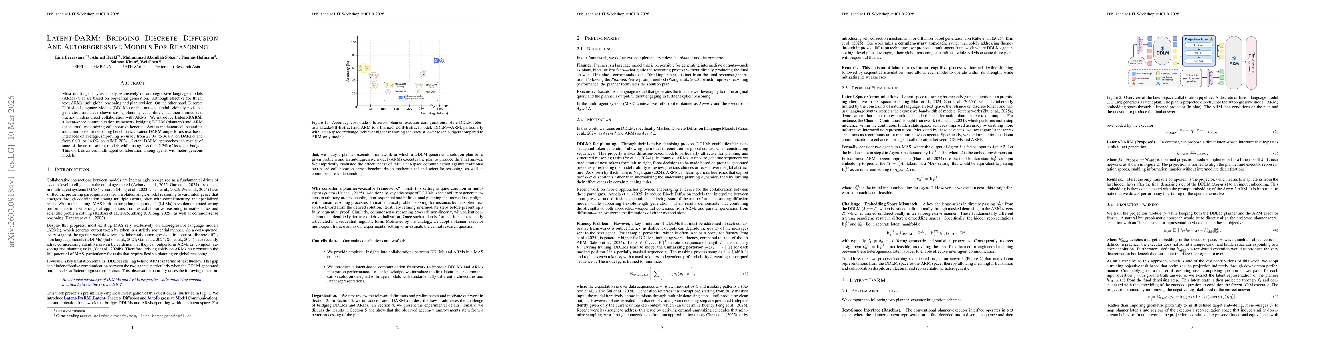 Thumbnail for Latent-DARM: Bridging Discrete Diffusion And Autoregressive Models For Reasoning