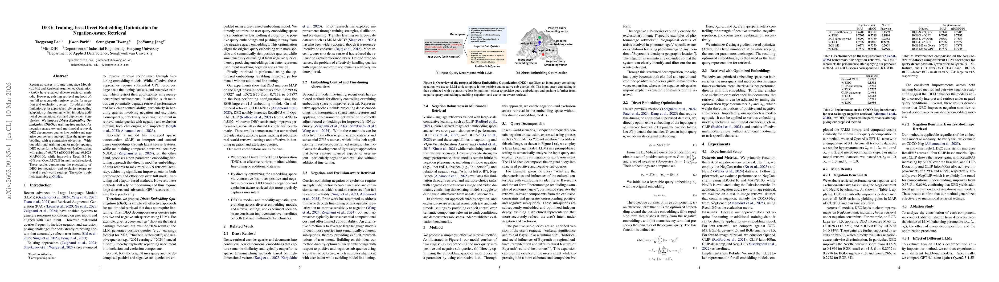 Thumbnail for DEO: Training-Free Direct Embedding Optimization for Negation-Aware Retrieval