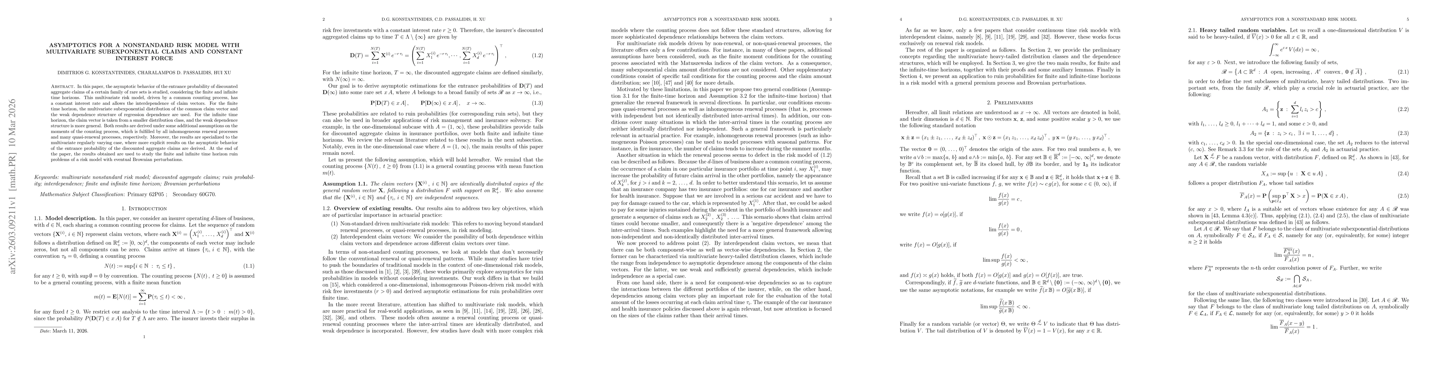Thumbnail for Asymptotics for a nonstandard risk model with multivariate subexponential claims and constant interest force