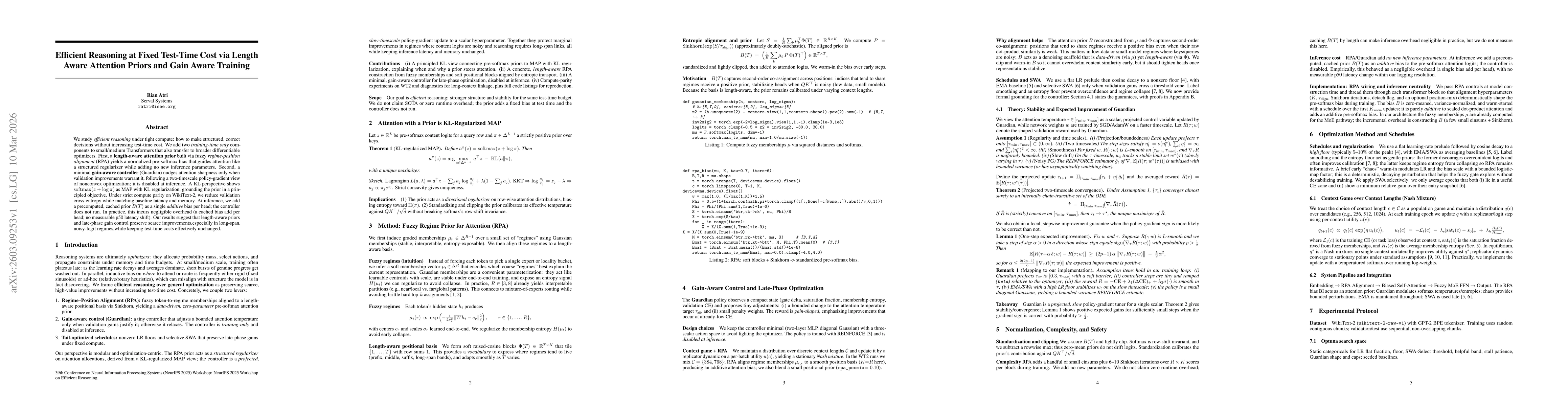 Thumbnail for Efficient Reasoning at Fixed Test-Time Cost via Length-Aware Attention Priors and Gain-Aware Training