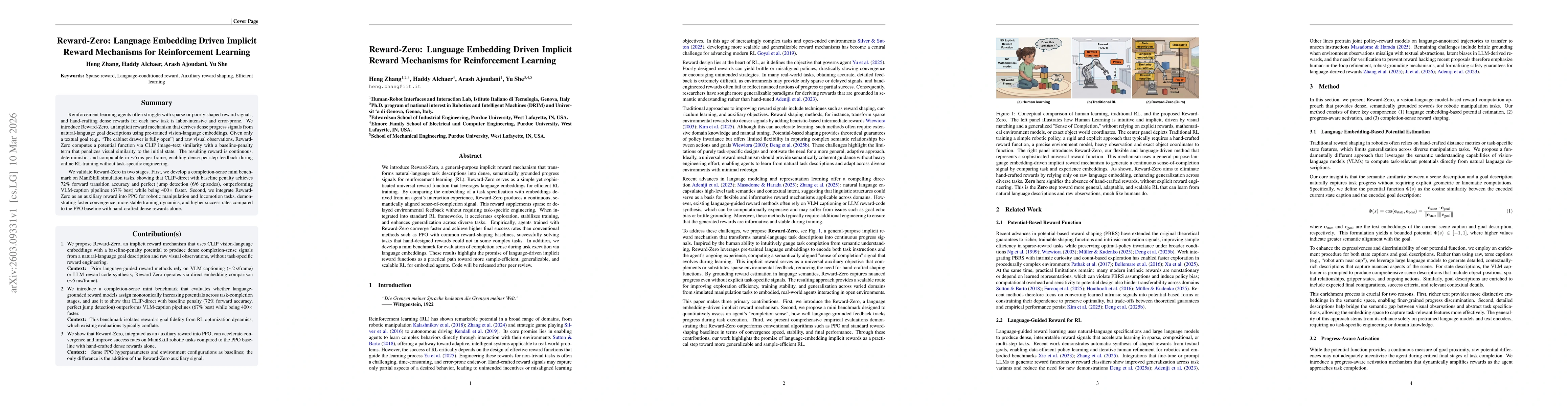 Thumbnail for Reward-Zero: Language Embedding Driven Implicit Reward Mechanisms for Reinforcement Learning