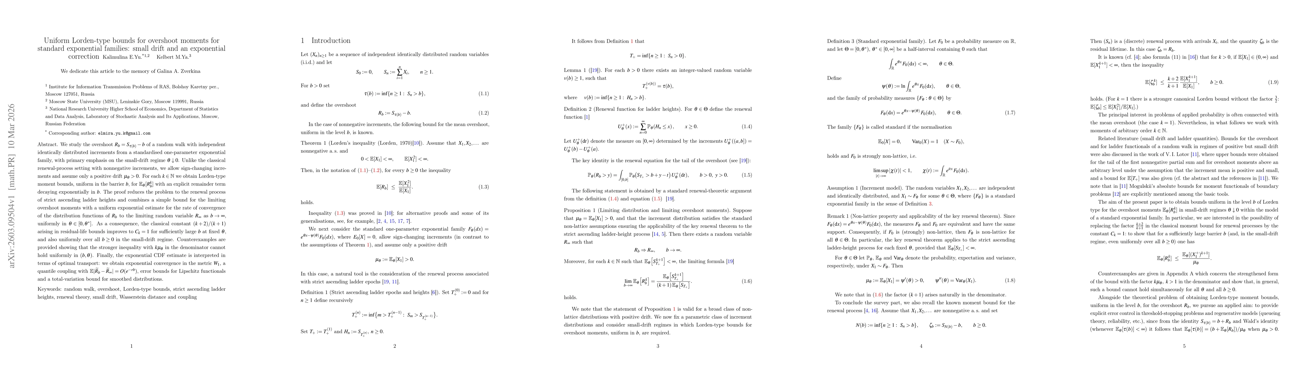 Thumbnail for Uniform Lorden-type bounds for overshoot moments for standard exponential families: small drift and an exponential correction