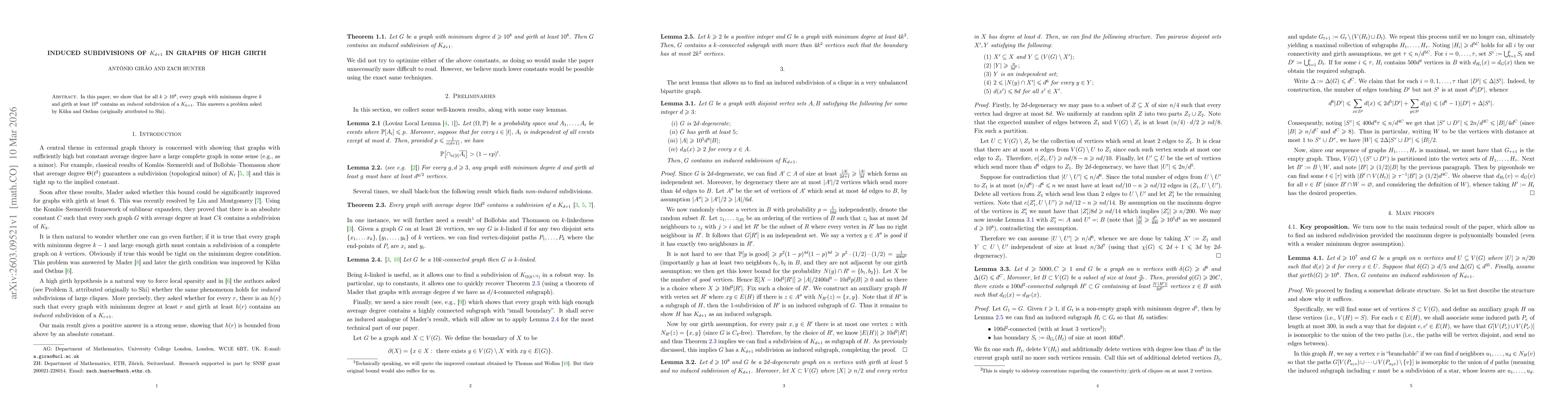 Thumbnail for Induced subdivisions of $K_{d+1}$ in graphs of high girth