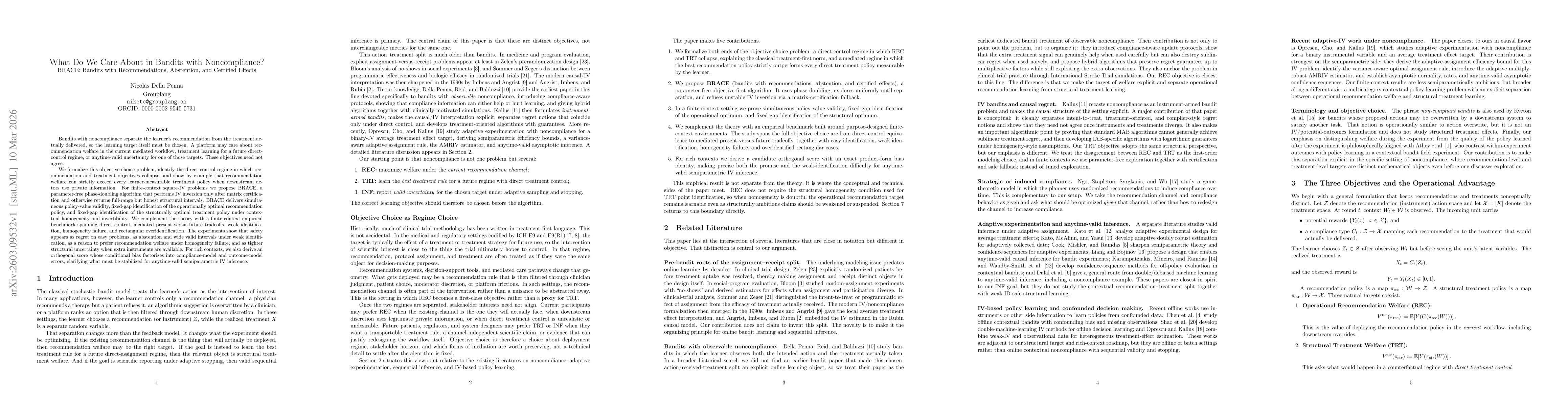 Thumbnail for What Do We Care About in Bandits with Noncompliance? BRACE: Bandits with Recommendations, Abstention, and Certified Effects