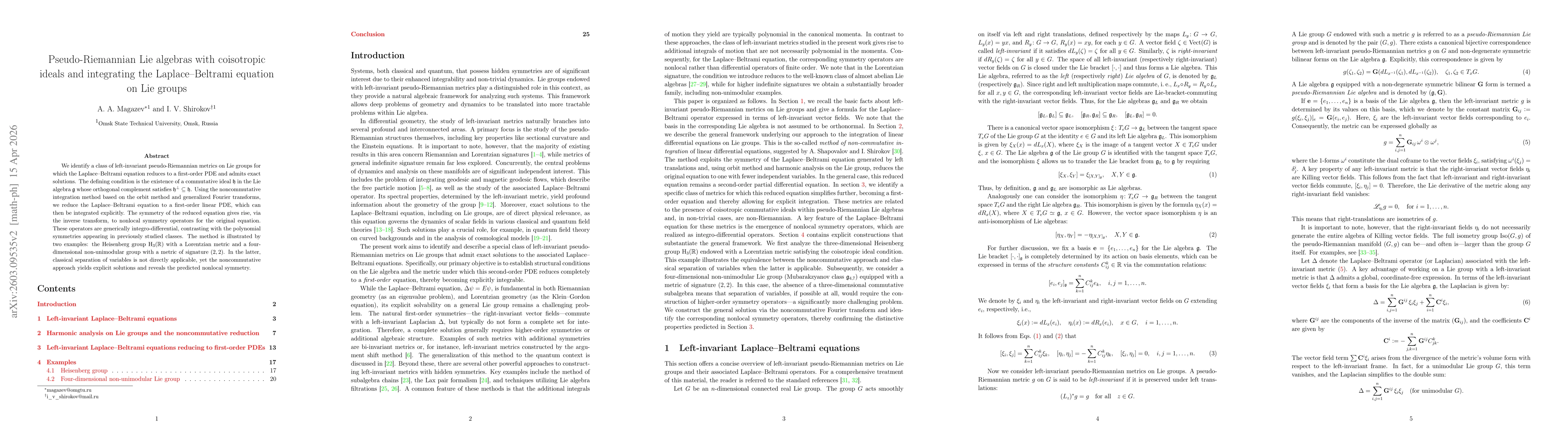 Thumbnail for Pseudo-Riemmanian Lie algebras with coisotropic ideals and integrating the Laplace-Beltrami equation on Lie groups