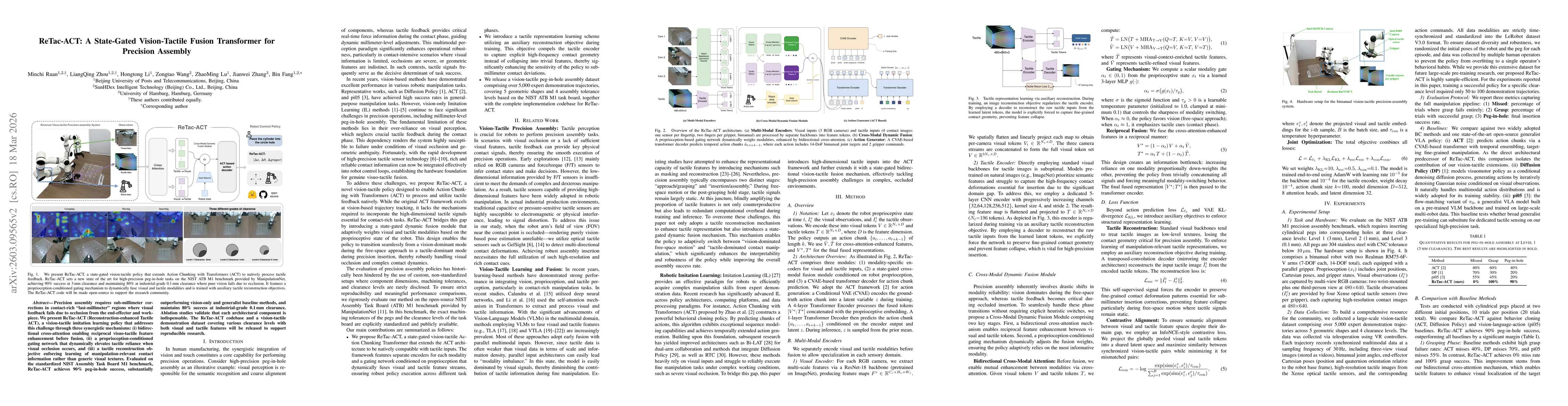 Thumbnail for ReTac-ACT: A State-Gated Vision-Tactile Fusion Transformer for Precision Assembly