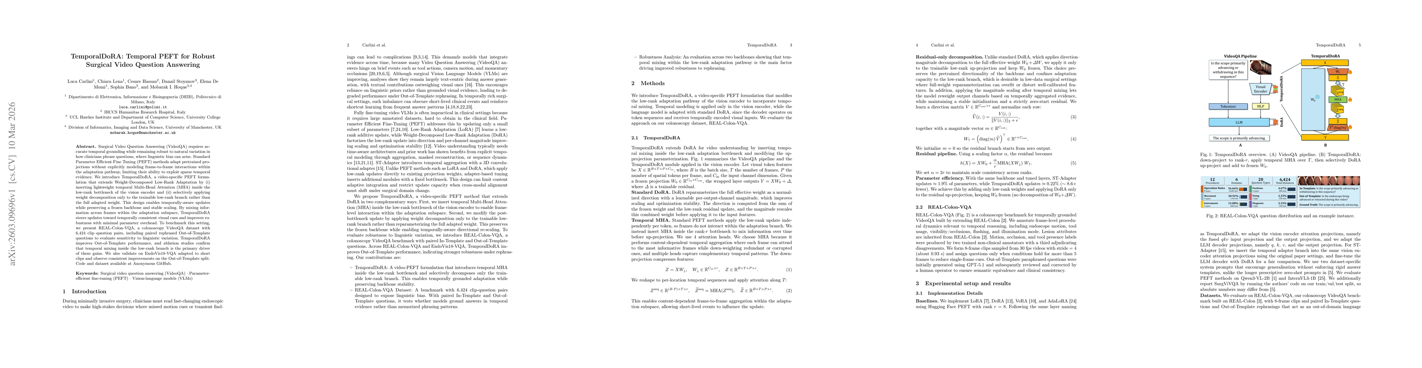 Thumbnail for TemporalDoRA: Temporal PEFT for Robust Surgical Video Question Answering