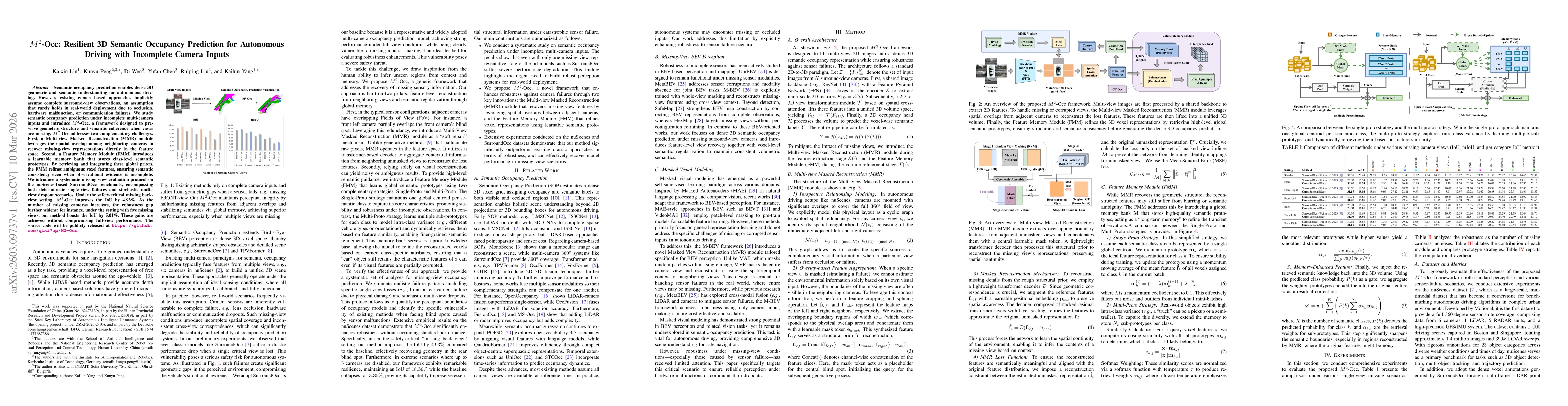 Thumbnail for $M^2$-Occ: Resilient 3D Semantic Occupancy Prediction for Autonomous Driving with Incomplete Camera Inputs