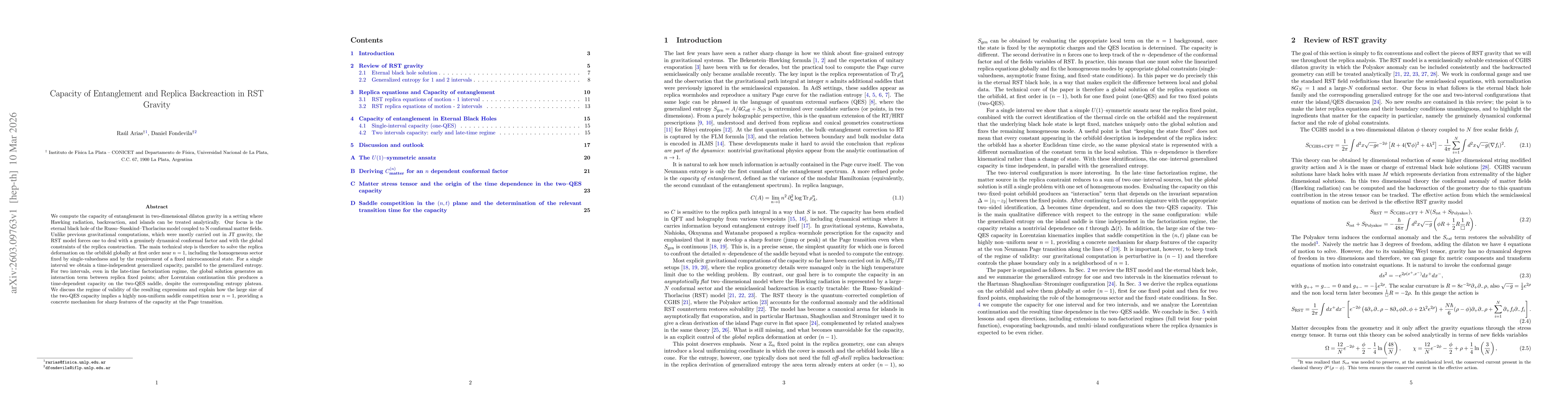 Thumbnail for Capacity of Entanglement and Replica Backreaction in RST Gravity