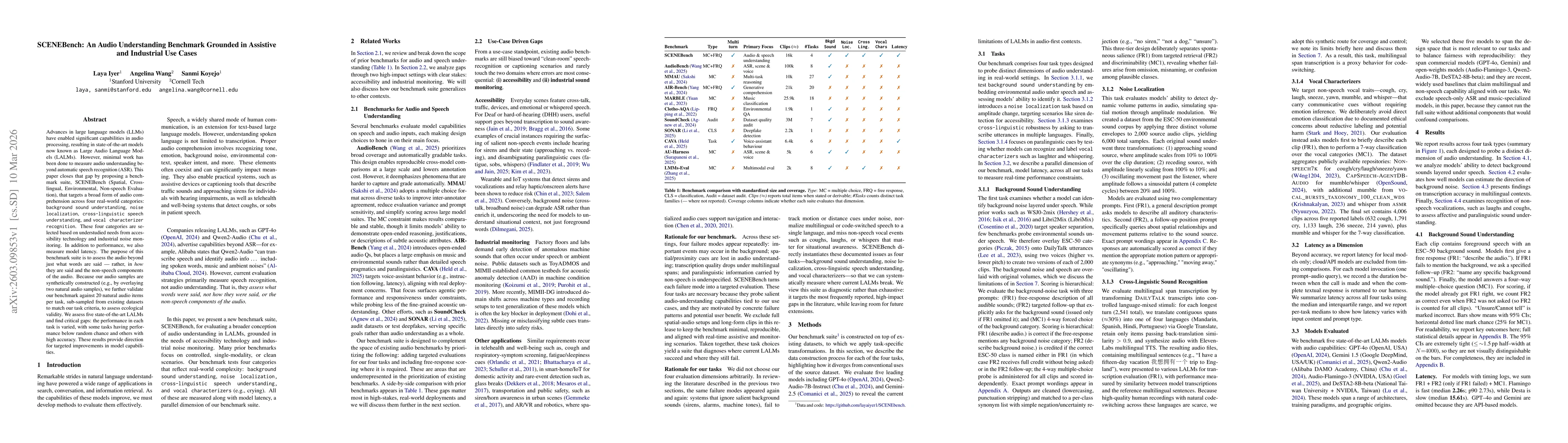 Thumbnail for SCENEBench: An Audio Understanding Benchmark Grounded in Assistive and Industrial Use Cases