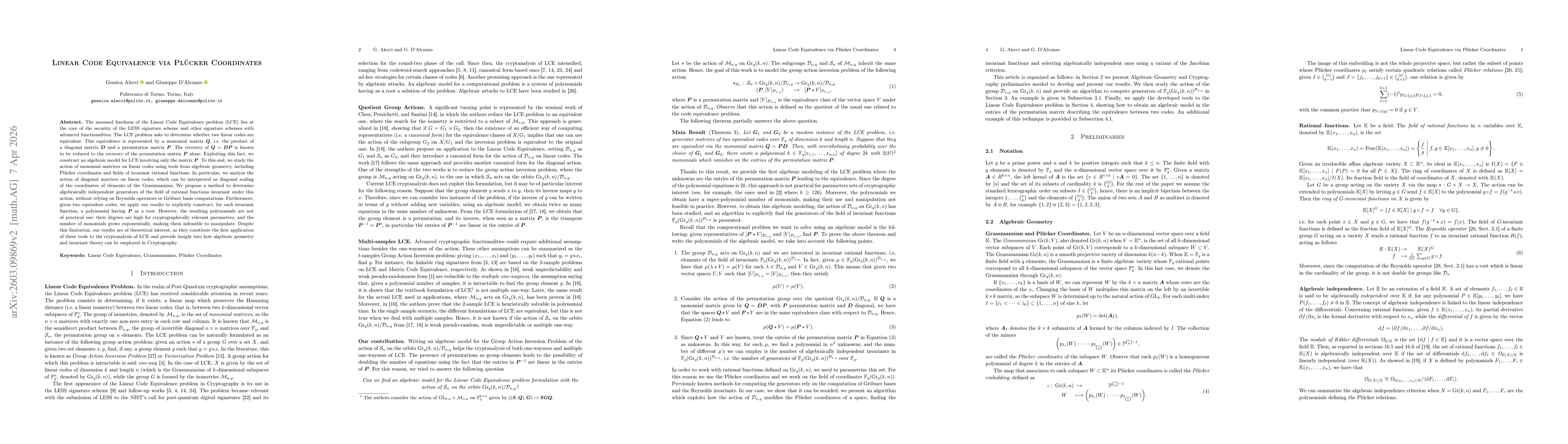 Thumbnail for Linear Code Equivalence via Plücker Coordinates