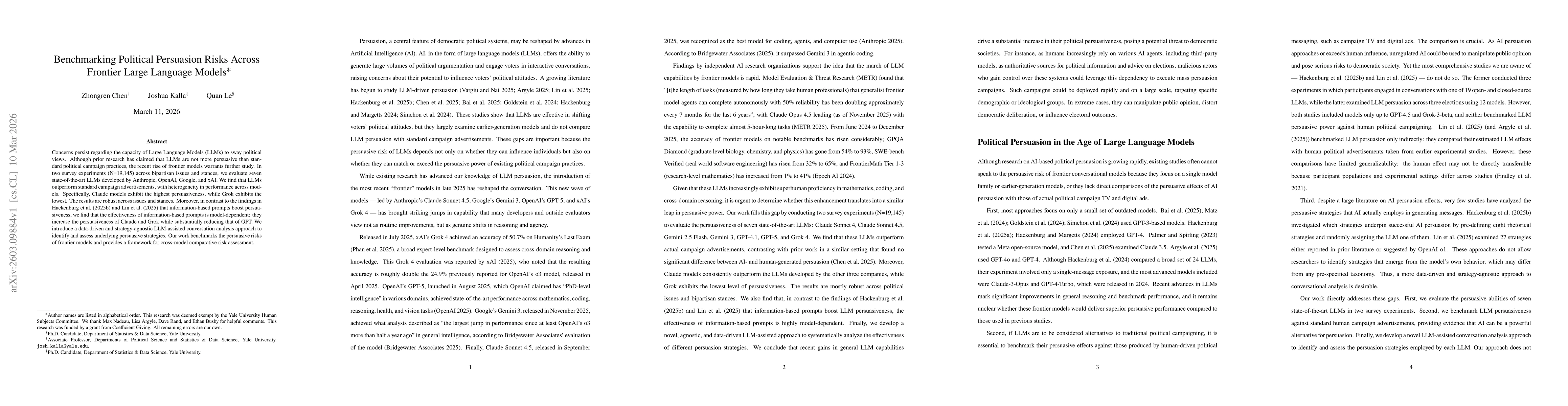 Thumbnail for Benchmarking Political Persuasion Risks Across Frontier Large Language Models
