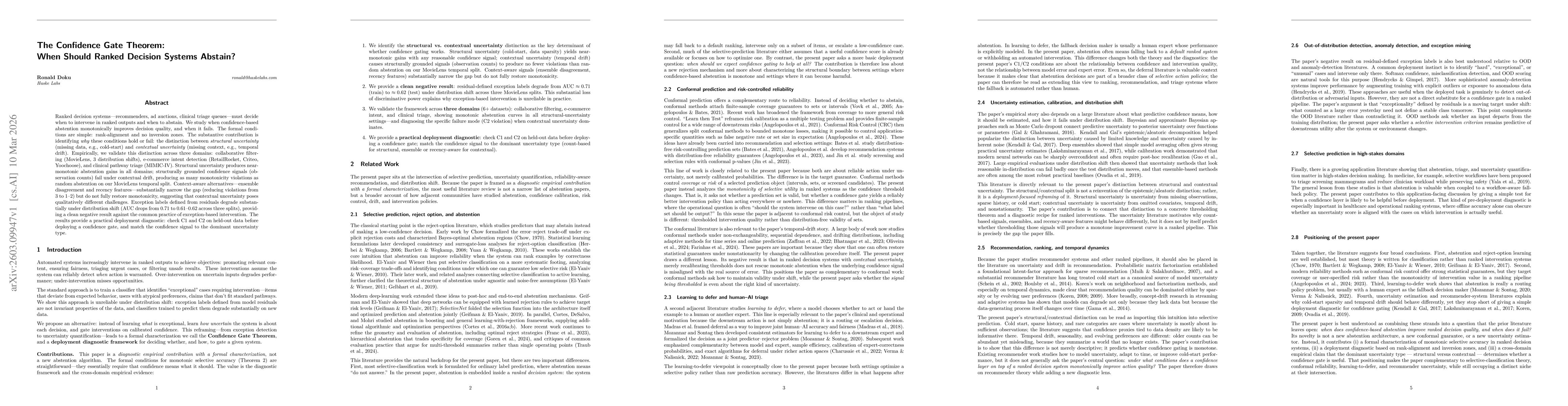 Thumbnail for The Confidence Gate Theorem: When Should Ranked Decision Systems Abstain?