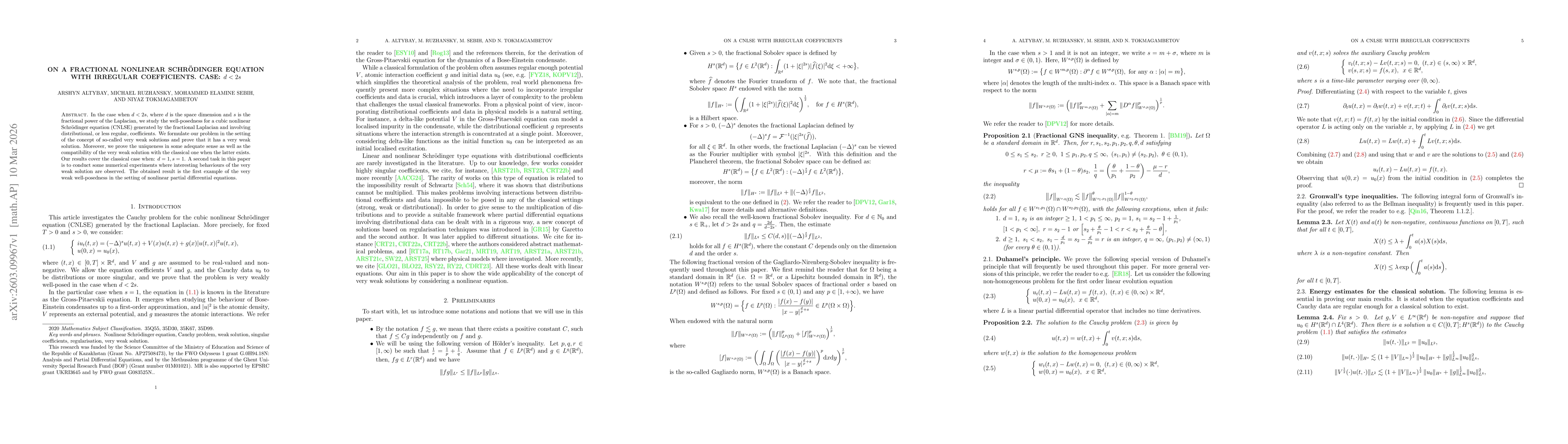 Thumbnail for On a fractional nonlinear Schrödinger equation with irregular coefficients. case: d<2s