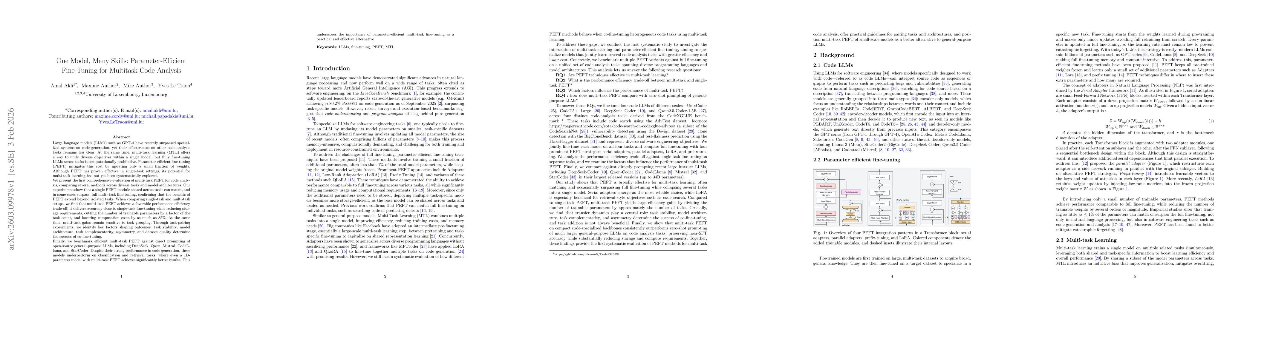 Thumbnail for One Model, Many Skills: Parameter-Efficient Fine-Tuning for Multitask Code Analysis