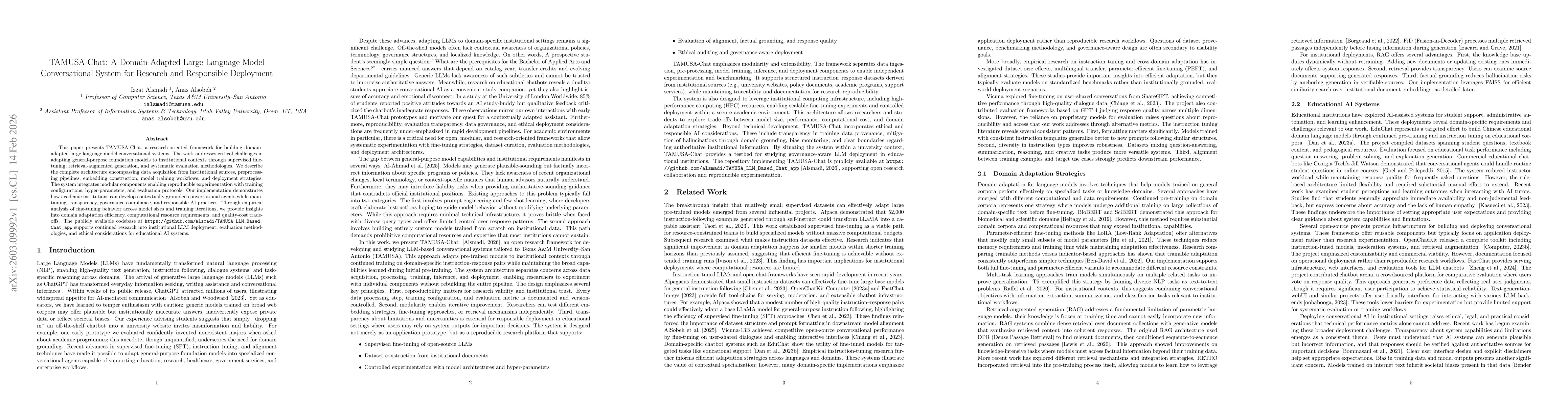 Thumbnail for TAMUSA-Chat: A Domain-Adapted Large Language Model Conversational System for Research and Responsible Deployment