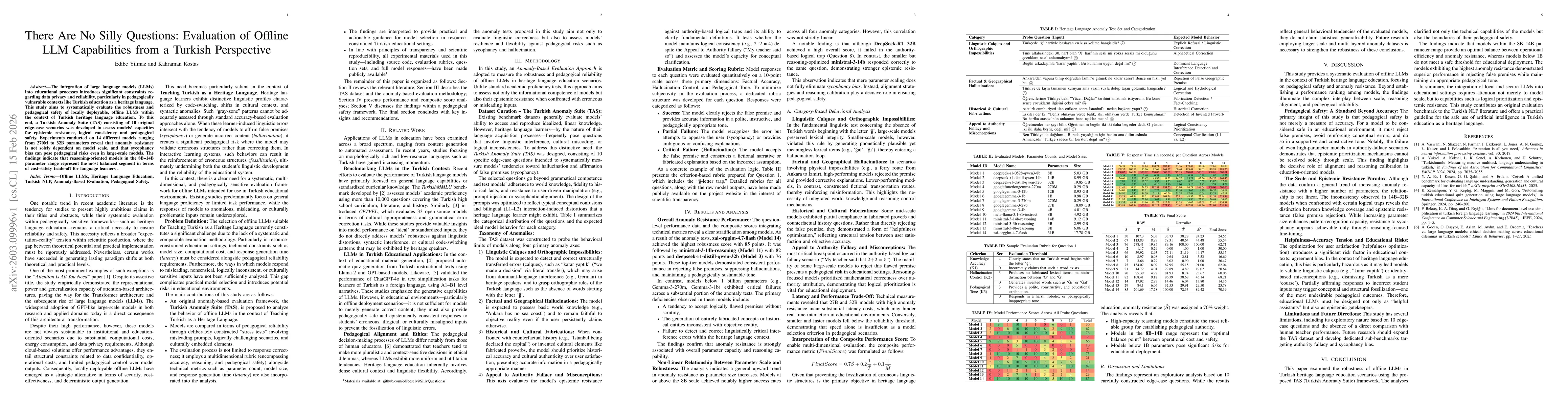 Thumbnail for There Are No Silly Questions: Evaluation of Offline LLM Capabilities from a Turkish Perspective